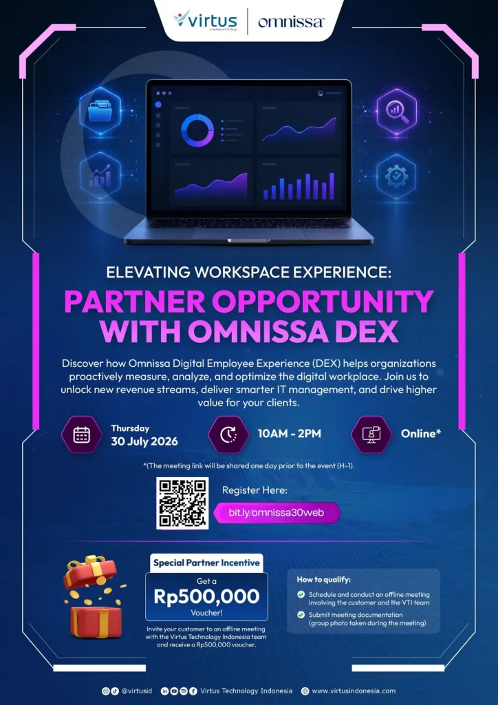 Promotional webinar poster by Virtus and Omnissa titled "Elevating Workspace Experience: Partner Opportunity with Omnissa DEX." The poster features a modern blue and purple technology-themed design with a laptop displaying analytics dashboards, charts, and performance metrics, representing digital workplace optimization and Digital Employee Experience (DEX). The webinar introduces how Omnissa DEX enables organizations to measure, analyze, and optimize the digital workplace while helping partners unlock new revenue opportunities and deliver smarter IT management for their customers. The event will be held online on Thursday, 30 July 2026, from 10:00 AM to 2:00 PM, with the meeting link shared one day before the event. A QR code and registration link are provided for participants. The poster also highlights a special partner incentive, offering a Rp500,000 voucher for partners who invite customers to an offline meeting with the Virtus Technology Indonesia team and complete the required meeting documentation. Virtus and Omnissa logos appear at the top, while Virtus Technology Indonesia's social media channels and website are displayed at the bottom.