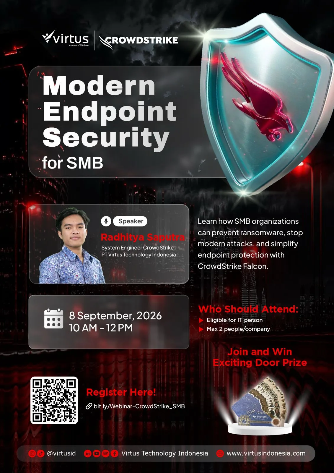 CrowdStrike Falcon webinar poster for SMBs on ransomware prevention and endpoint protection