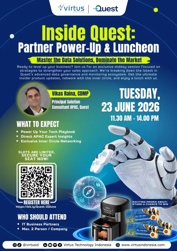 Promotional poster for “Inside Quest: Partner Power-Up & Luncheon,” organized by Virtus and Quest. Featuring the theme “Master the Data Solutions, Dominate the Market,” the event invites business partners to explore sales strategies, gain direct insights from APAC experts, and expand their professional network over lunch. The event will take place on Tuesday, June 23, 2026, from 11:30 AM to 2:00 PM. The featured speaker is Vikas Raina, CDMP, Principal Solution Consultant APAC at Quest. The poster includes a QR code for registration, futuristic robotic hand and technology-themed illustrations, and information about exciting door prizes for attendees. The event is intended for IT Business Partners, with a maximum of two participants per company. The design features a blue color scheme with modern, technology-inspired visual elements.