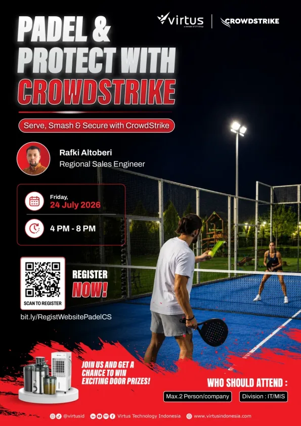 Promotional event poster by Virtus Technology Indonesia and CrowdStrike titled "Padel & Protect with CrowdStrike." The poster features a nighttime padel court with two players in action, representing the combination of sports, networking, and cybersecurity. The event invites IT professionals to enjoy a padel session while learning about CrowdStrike's cybersecurity solutions. Event details include Friday, 24 July 2026, from 4:00 PM to 8:00 PM. The featured speaker is Rafki Altoberi, Regional Sales Engineer. A QR code and registration link are displayed for participant registration. The event is limited to two participants per company and is intended for IT/MIS professionals. The poster also highlights exciting door prizes, including home appliances, for lucky attendees. Virtus Technology Indonesia and CrowdStrike logos appear at the top, while Virtus Technology Indonesia's social media channels and website are displayed at the bottom.