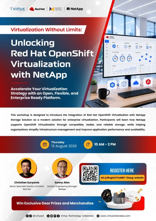 Red Hat OpenShift Virtualization with NetApp workshop featuring enterprise virtualization, storage integration, and infrastructure management solutions on August 13, 2026.